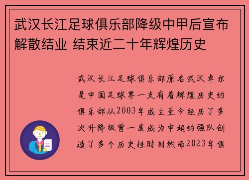 武汉长江足球俱乐部降级中甲后宣布解散结业 结束近二十年辉煌历史